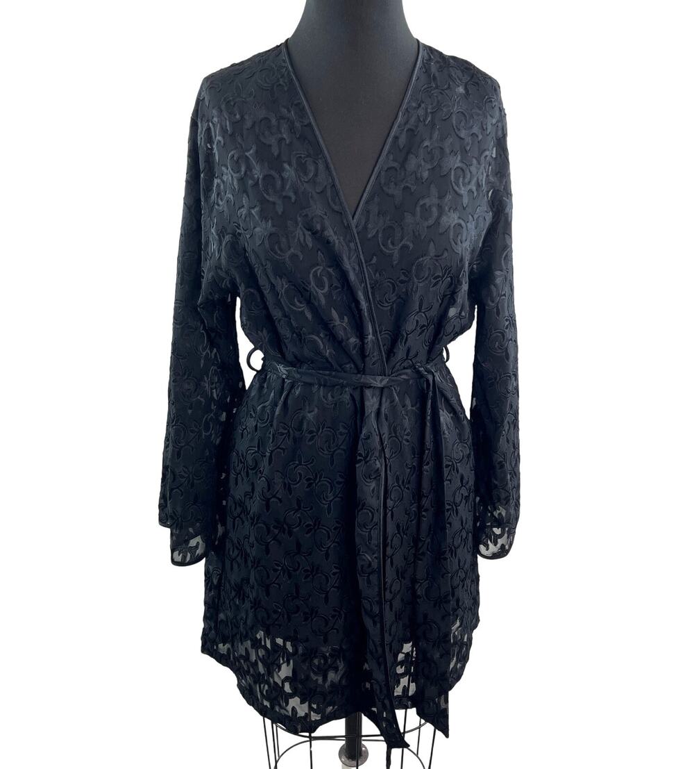 VTG Jones New York Black Wrap Robe Floral Lace Long Sleeve Drop Shoulder L/XL